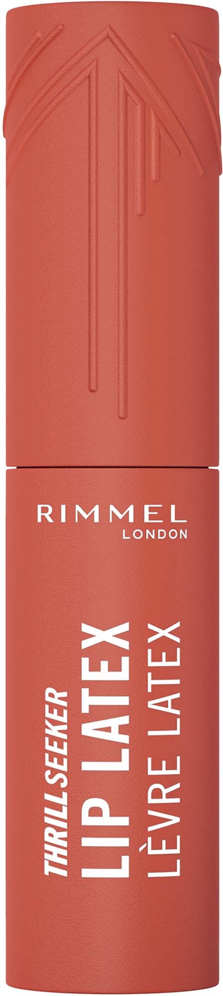 A coral-colored tube of Rimmel London lip gloss with textured patterns and white text.