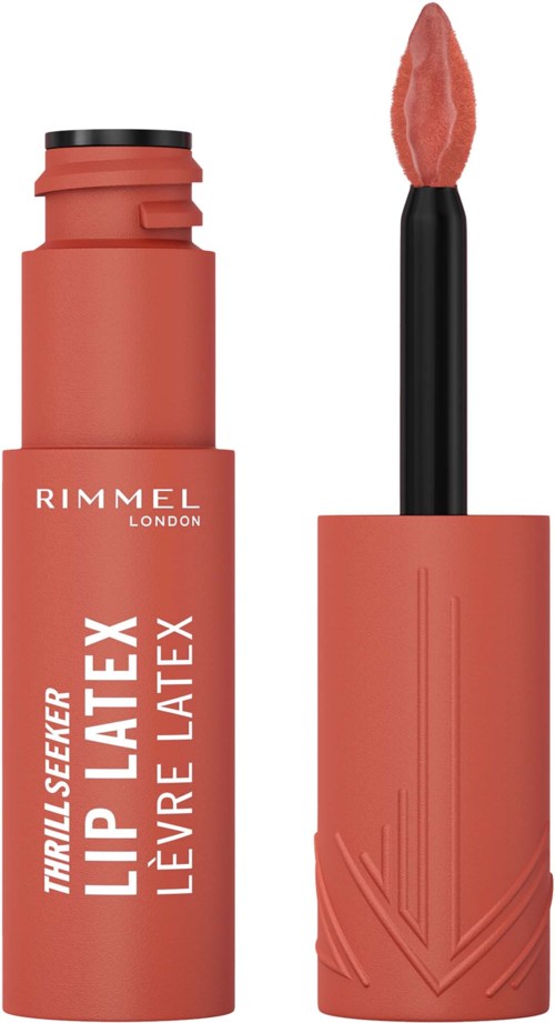 A coral-colored tube of Rimmel London lip gloss with a black applicator wand. The cap has a textured pattern.