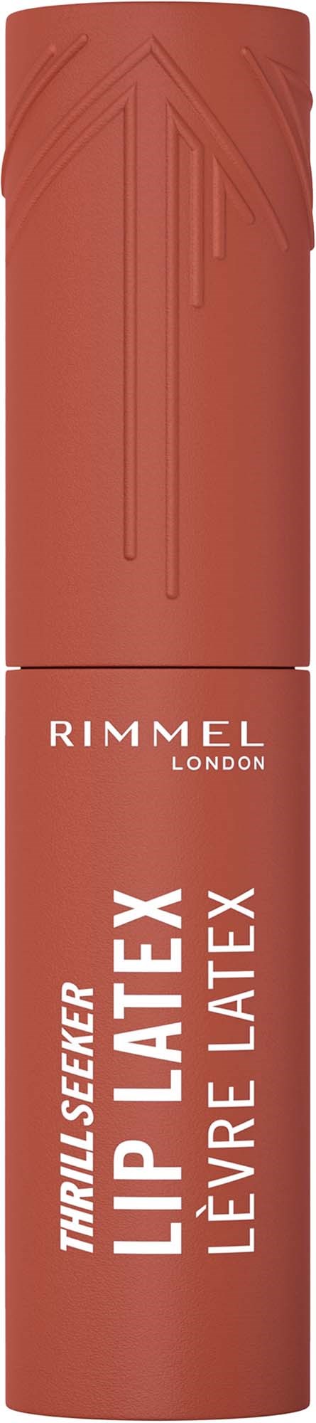 A Rimmel London lip gloss tube in a reddish color with a decorative design on top.