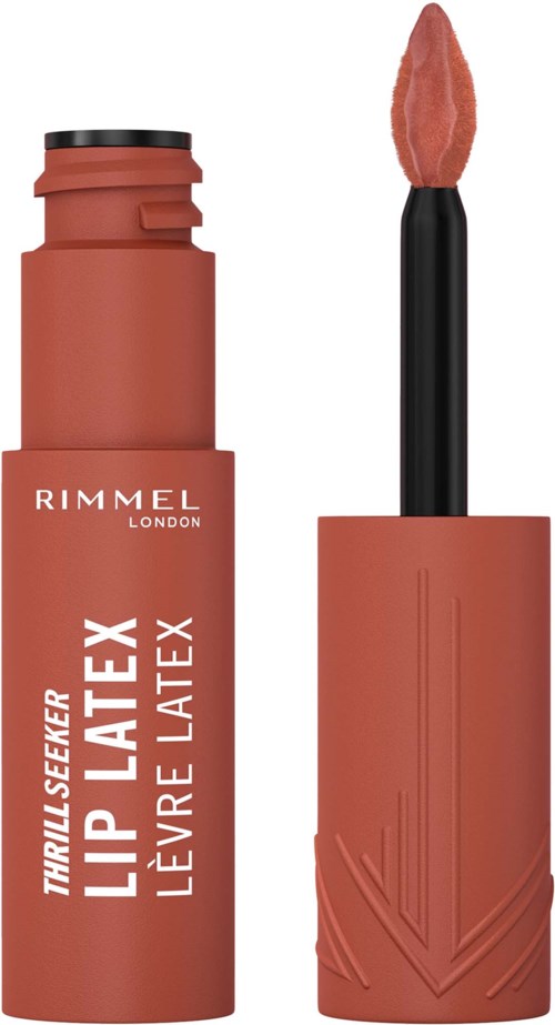 A Rimmel London lip gloss or lipstick with a peachy nude color and a black applicator wand.