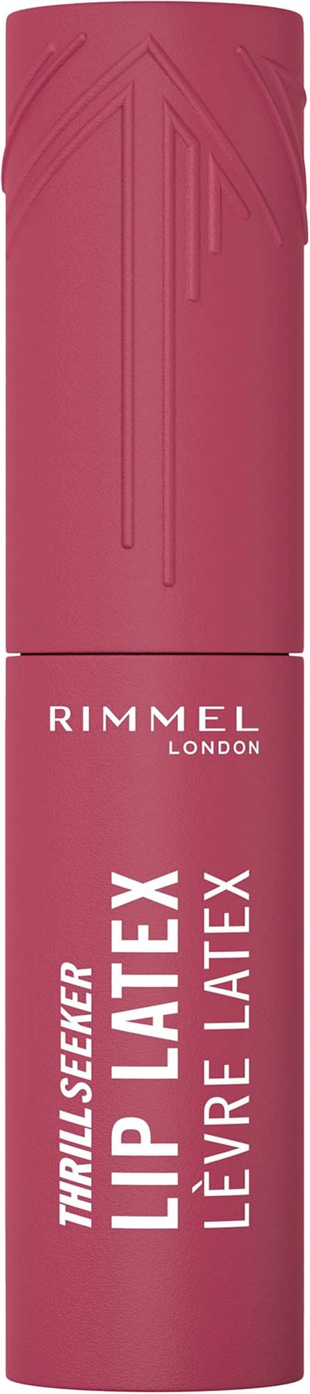 Lip gloss in a pink tube with Rimmel London branding and product details on it.