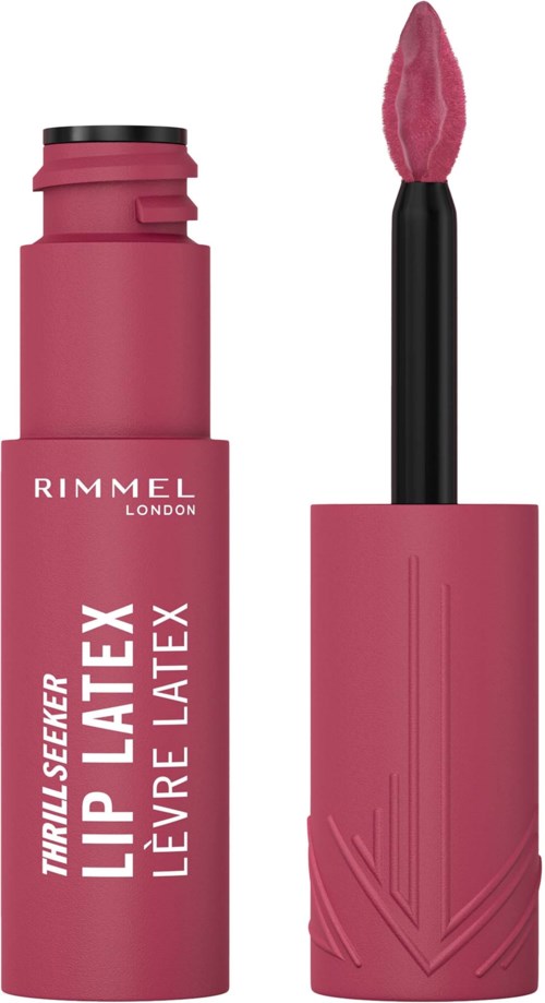 Lip gloss in a pink tube labeled Rimmel London with a black cap and a pink applicator.