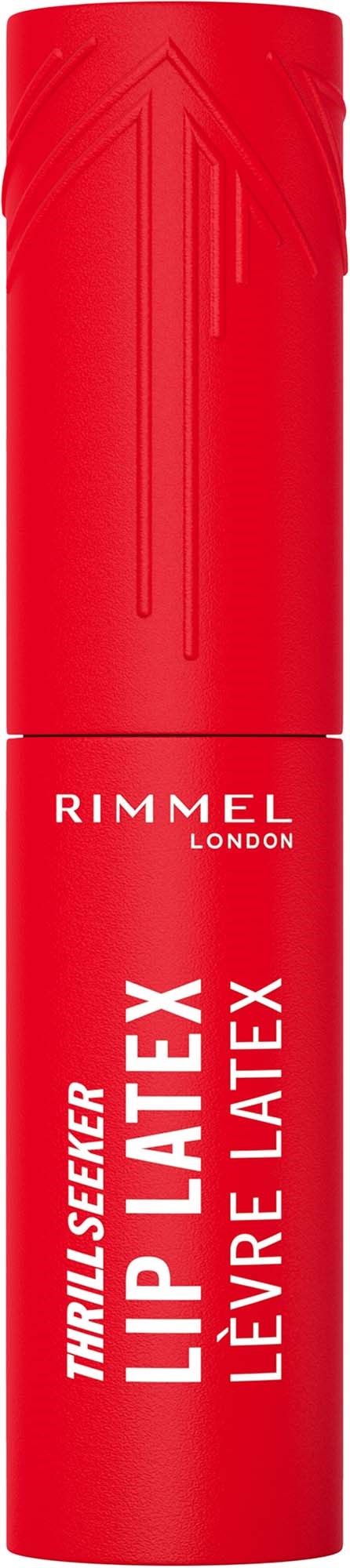 A red cylindrical lip gloss tube with white text and a subtle arrow design on top.