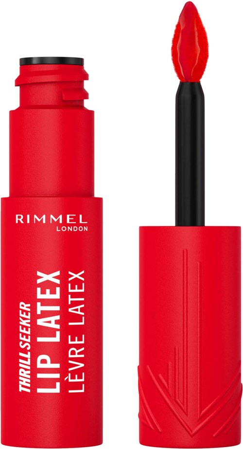 Red lipstick tube and its attached lipstick swatch with a red color.