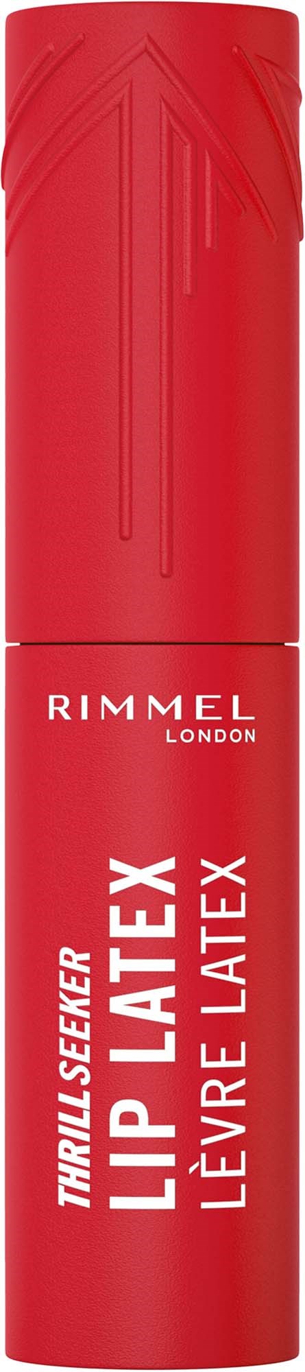 A red bottle of Rimmel London lipstick with the words ThrilLuxe Lipstick and Levre Latex written on it.