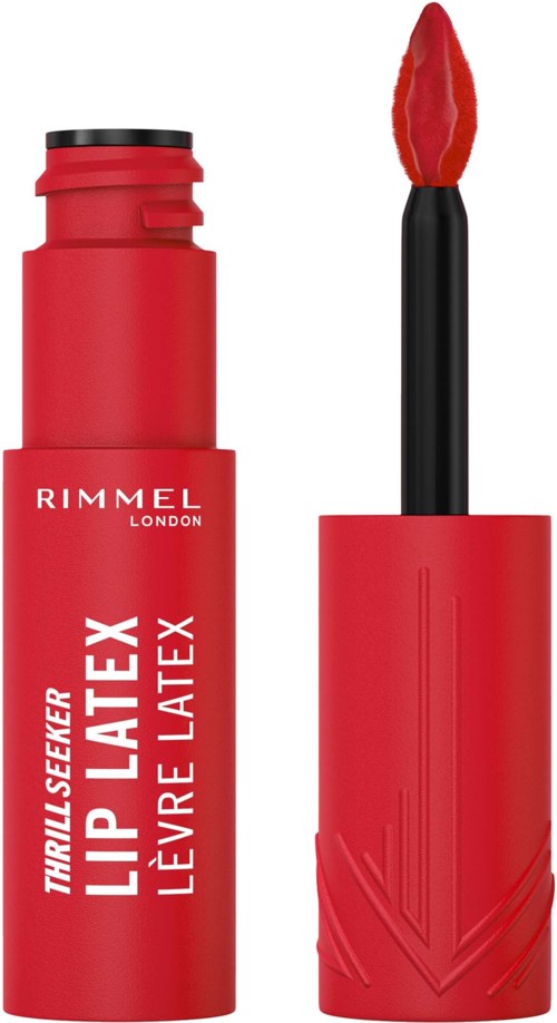Red lipstick tube with the lid removed, showing the lipstick inside. Brand name Rimmel London is visible.