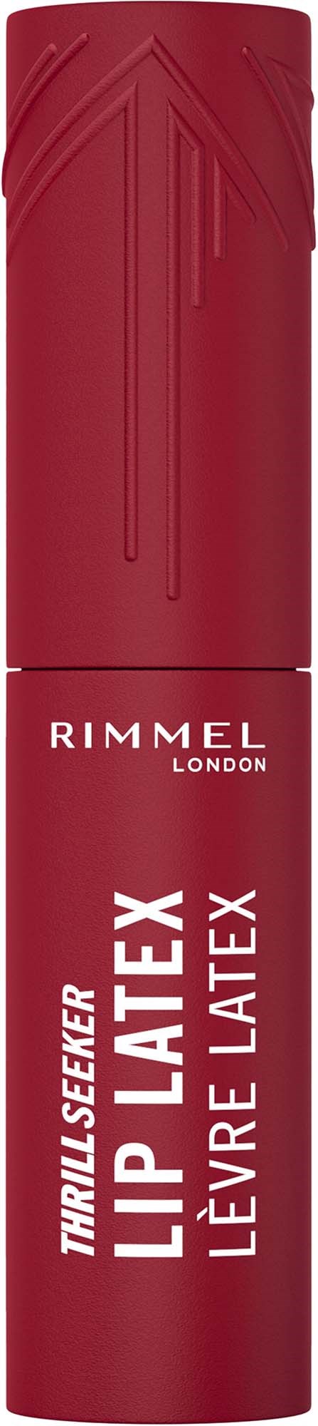 Red cylindrical tube for lip gloss with white text, brand name Rimmel London, and product name Thrillexer Lip Laque.