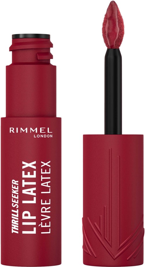 A red lip gloss tube with the applicator wand released, showing pink gloss inside.