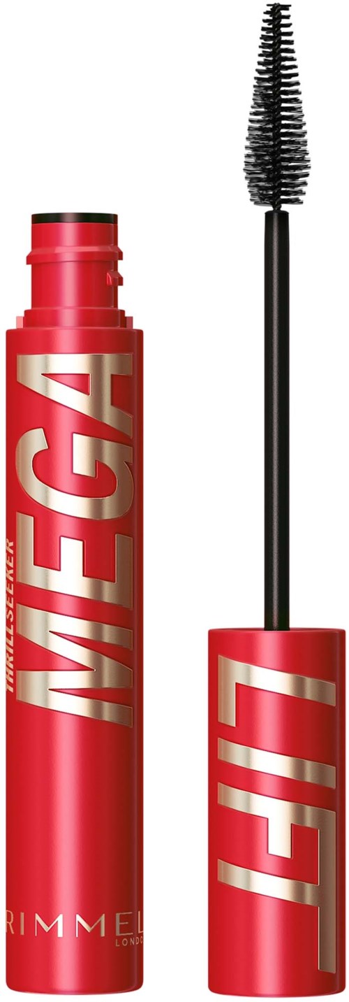 Ein roter Wimperntusche-Tube mit schwarzem Bürstchen, beschriftet 'MEGA LIFT' in großen silbernen Buchstaben.