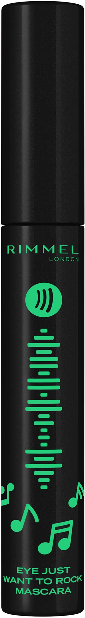 A black mascara tube with green musical symbols and wave design, and the text 'EYE JUST WANT TO ROCK' and 'RIMMEL LONDON.'