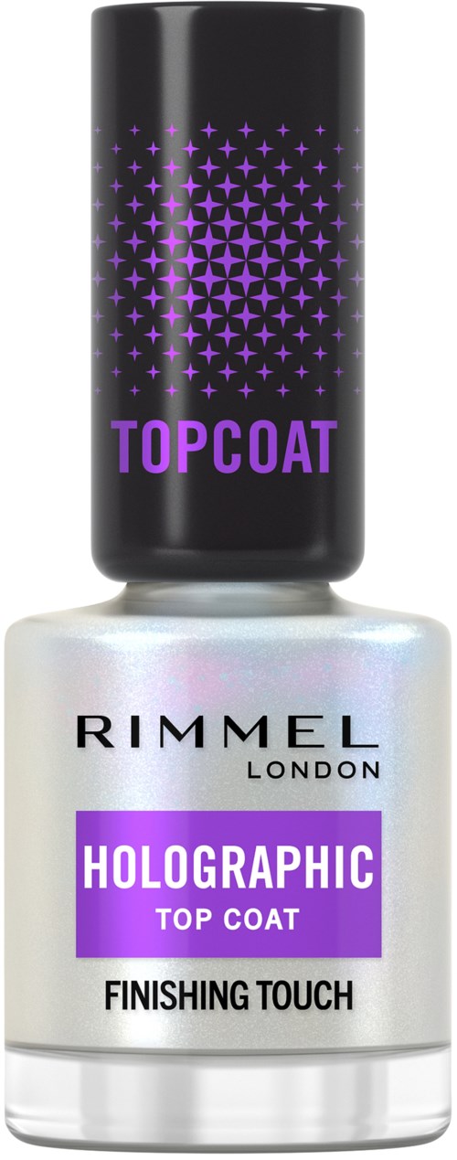 A small bottle of Rimmel London holographic top coat nail polish with purple designs on the cap.