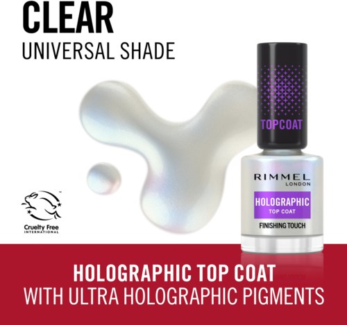 Nail polish bottle labeled 'Holographic Top Coat' with purple and black cap, on packaging mentioning cruelty free and holographic effect.
