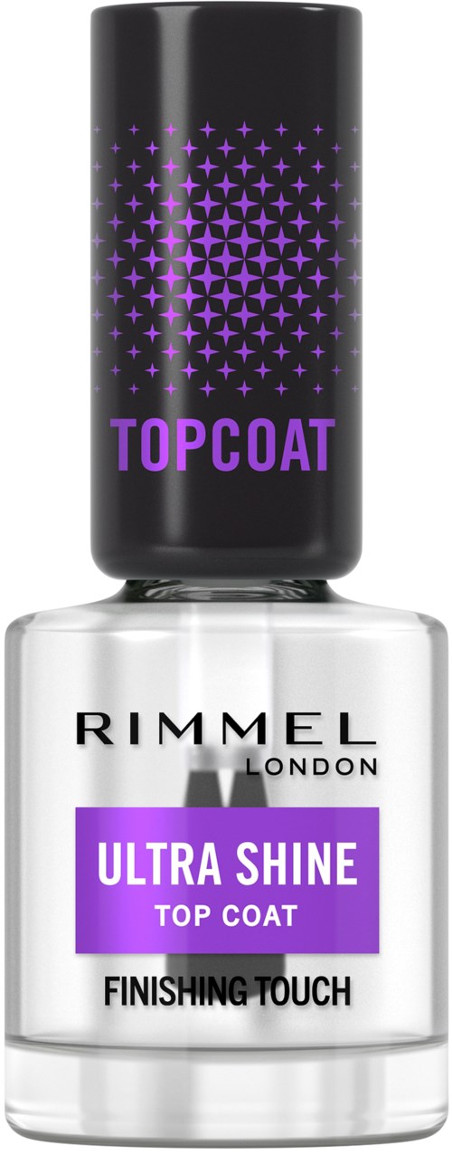 A clear nail polish bottle with a black cap showing purple dots and the words 'TOPCOAT' on it.