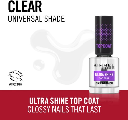 A nail polish bottle with a black cap, purple label, and transparent glass. The background is white, red, and black.