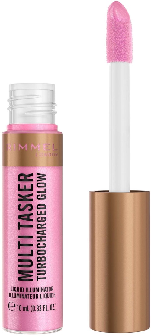 Pink lip gloss tube with a wand applicator and a gold cap. The label reads 'MULTI TASKER TURBOCHARGED GLOW.'