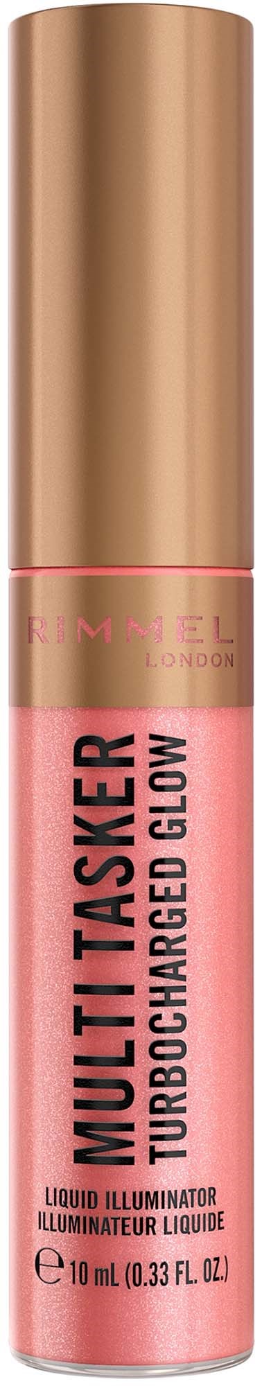 A pink lip gloss tube with a gold cap, labeled "MULTI TASKER TURBO CHARGED GLOW".