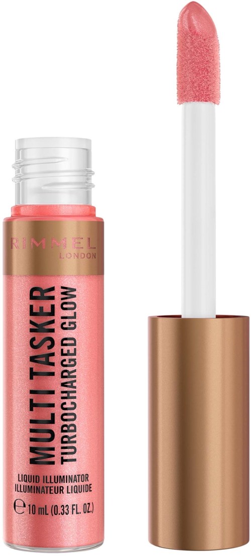 Lip gloss tube with a pink applicator and gold cap, labeled 'Multi Tasker Turbocharged Glow'.