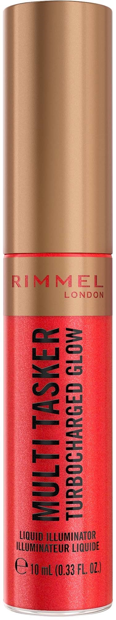 A red liquid lipstick tube with a gold cap from Rimmel London, labeled "MULTI TASKER TURBOCHARGED GLOW."