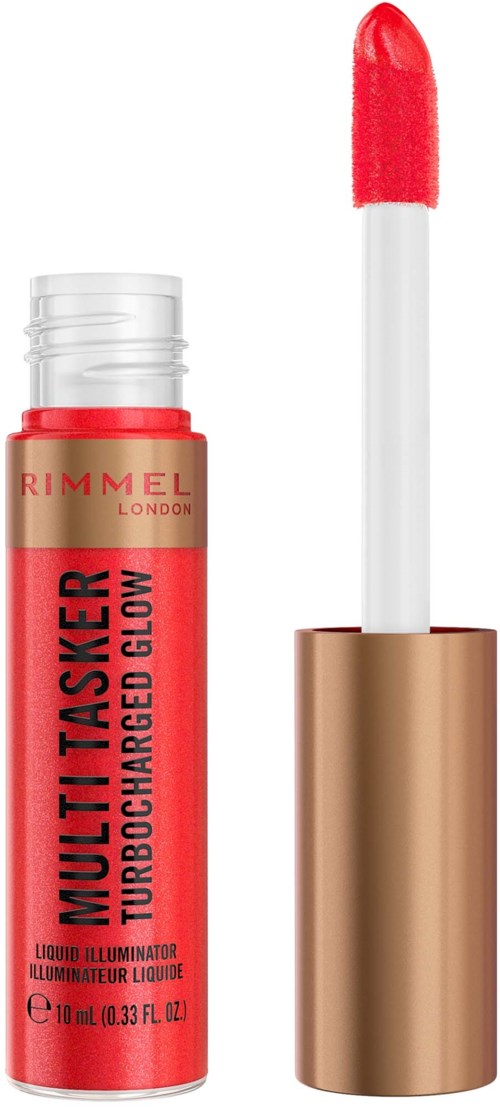 Red lip gloss tube with a white and red applicator stick, gold cap, and black text on the tube.