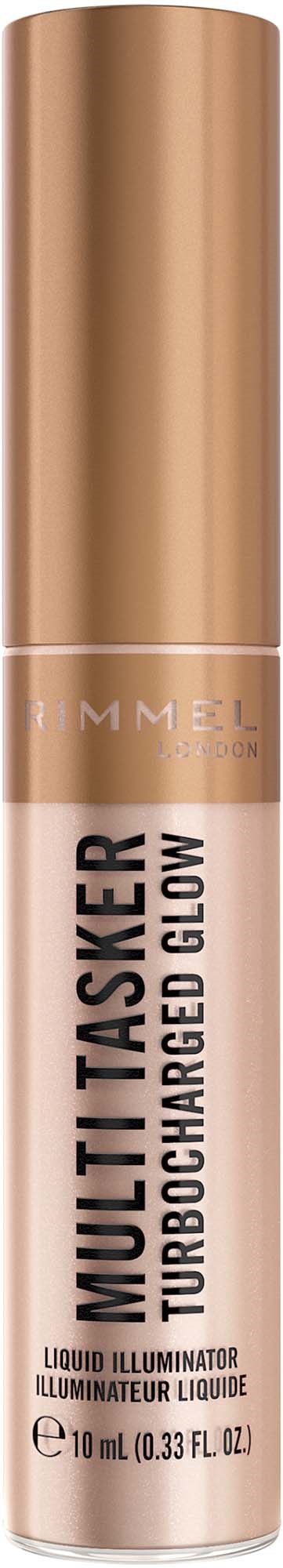 A cylindrical cosmetic product with a gold cap and a light pink body, labeled as a glow liquid highlighter.