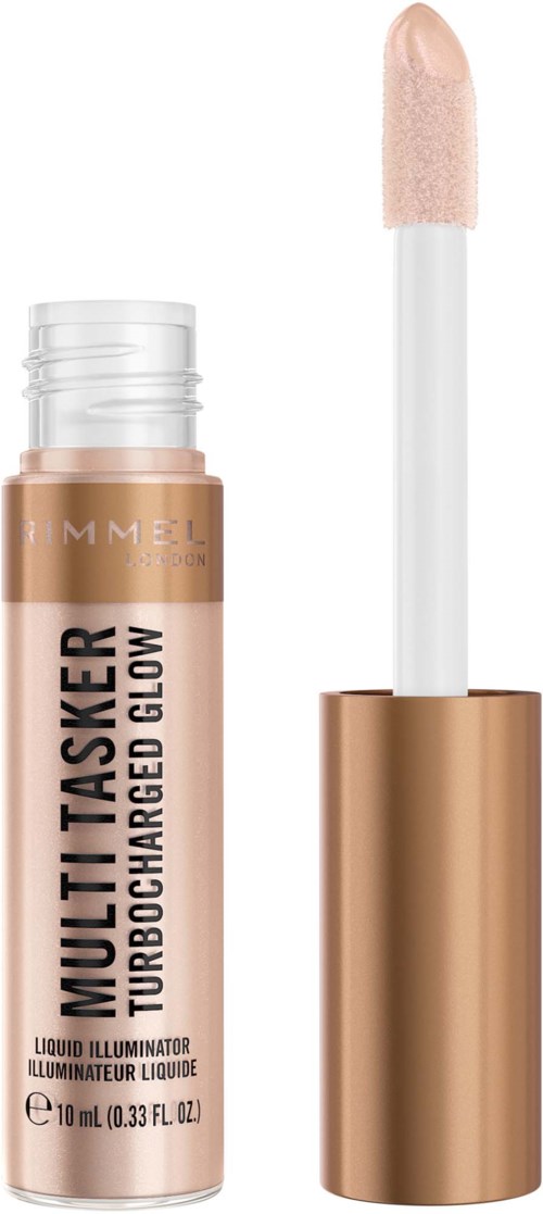 A liquid highlighter with a wand applicator and a rose gold container labeled 'Multi Tasker Turbocharged Glow.'