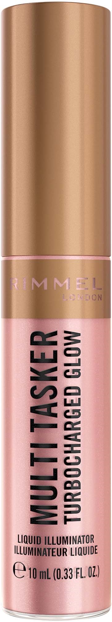 A pink lip gloss tube with a gold cap and black text, labeled "Multitasker Turbo Charged Glow".
