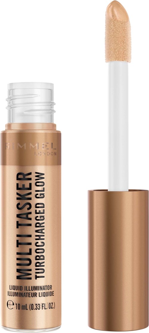 A beige liquid lipstick with a white applicator wand and a gold cap. The product appears to be a highlighter or illuminator.