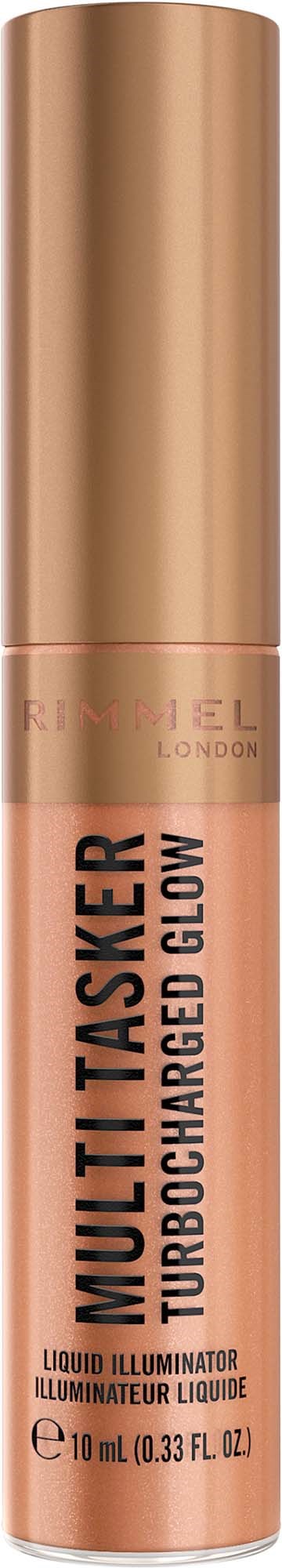 A tube of Rimmel London Multi-Tasker liquid highlighter, peach-colored, with a rose gold cap.