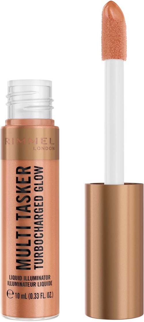 A lip gloss tube with a wand applicator, labeled 'Multitasker' and 'Turbocharged Glow,' in a beige color.