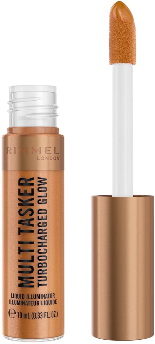 A small tube with a lip gloss applicator, marked 'Multi Tasker' and 'Illuminator', in tan color.