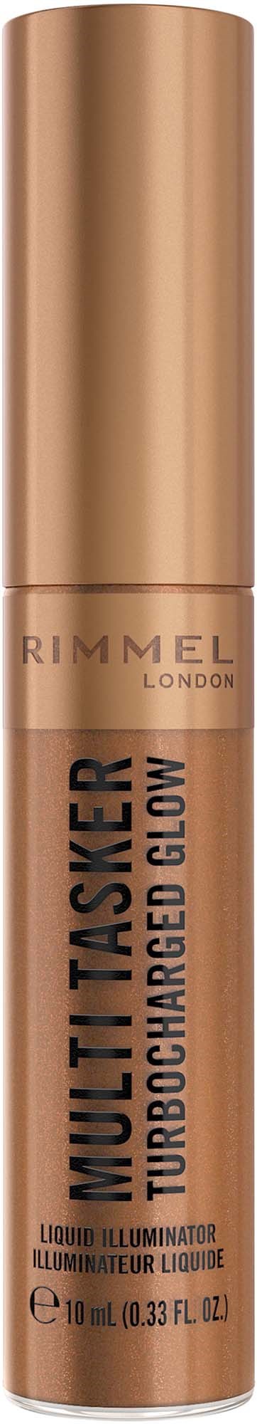 A tube labeled Rimmel London Multi-Tasker Turbo Charged Glow liquid illuminator.