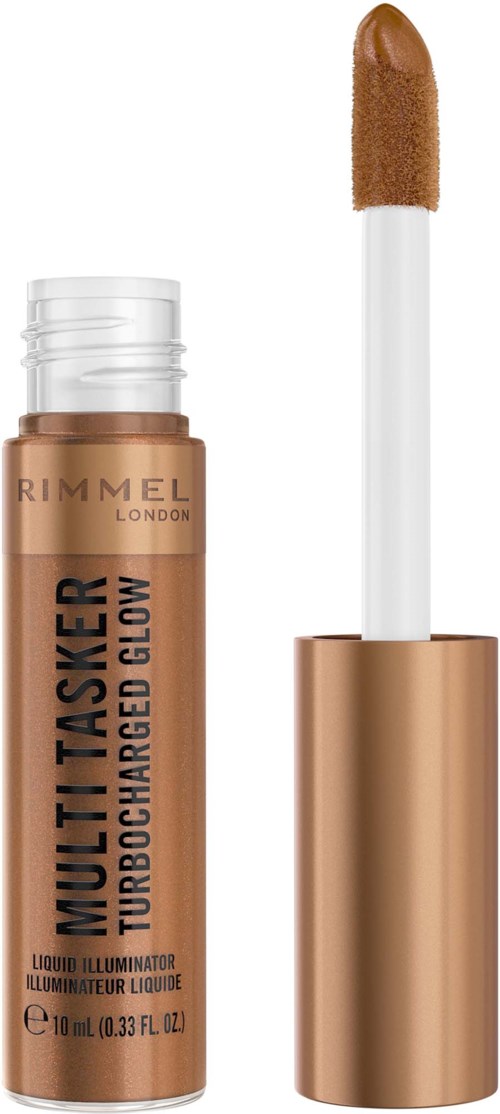 A tube of Rimmel Multi Tasker Turbocharged Glow liquid highlighter with a doe-foot applicator.