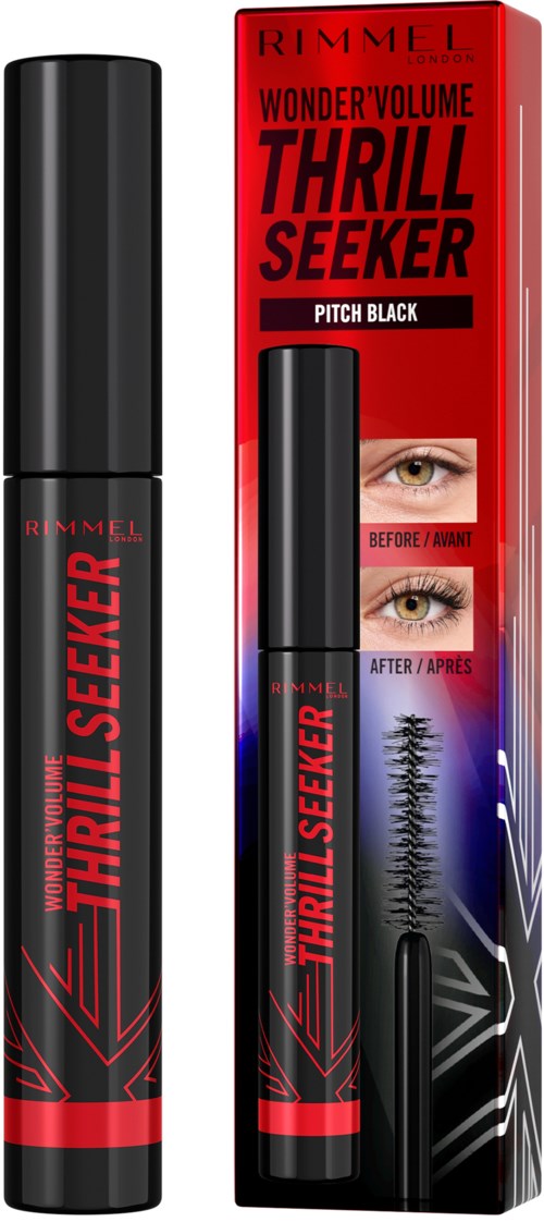 A black mascara tube with red and black packaging showing 'Thrill Seeker' and images of eye before and after use.