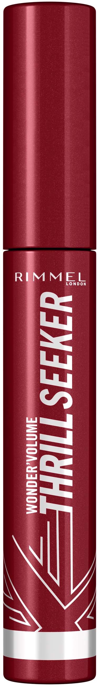 A red tube of Rimmel Wonder'Volume Thrive Seeker mascara with white and silver text and design.