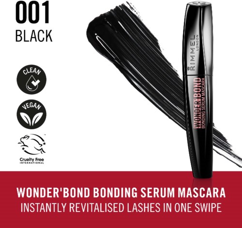 This is packaging for Wonder'Bond bonding serum mascara, which is black, cruelty-free, vegan, and designed to enhance eyelashes.