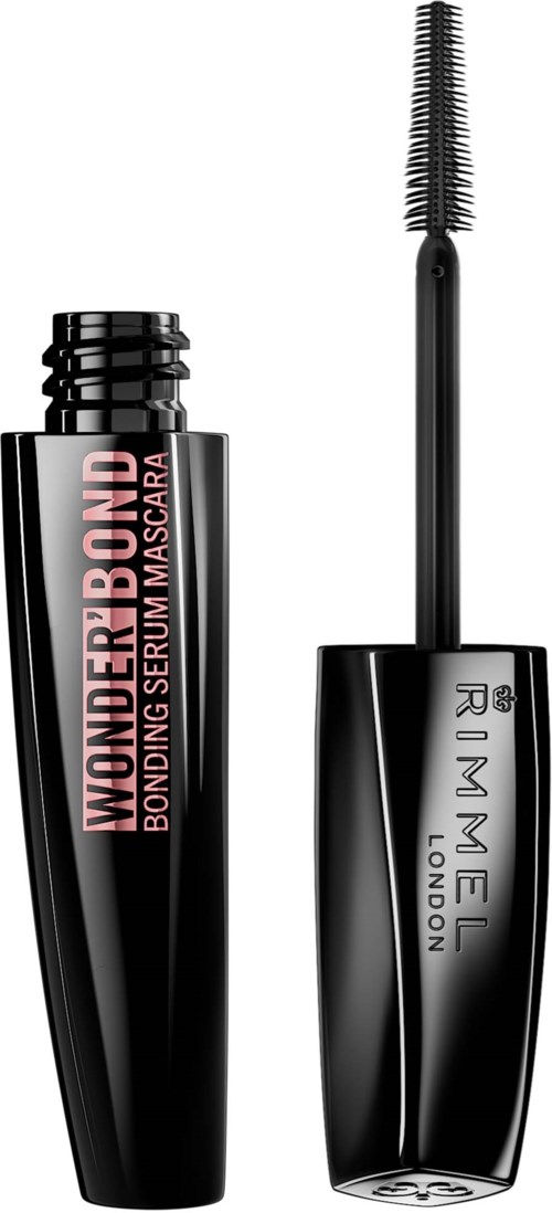 A black tube with a wand next to it, labeled 'Wonder Bond' bonding serum mascara and 'Rimmel London', with the wand showing mascara.