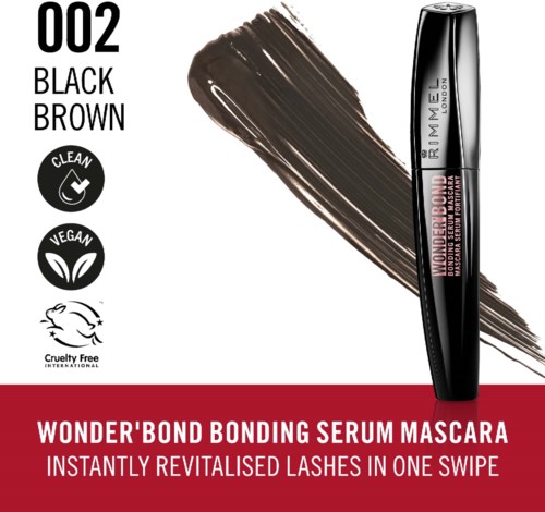 A mascara tube with a brush, swatched dark brown on white background, promotes a vegan, cruelty-free, and clean formula.