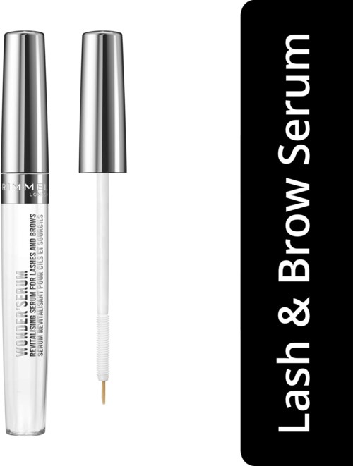 A tube of lash and brow serum with a wand applicator, silver cap, and black label. Text says Lash & Brow Serum.