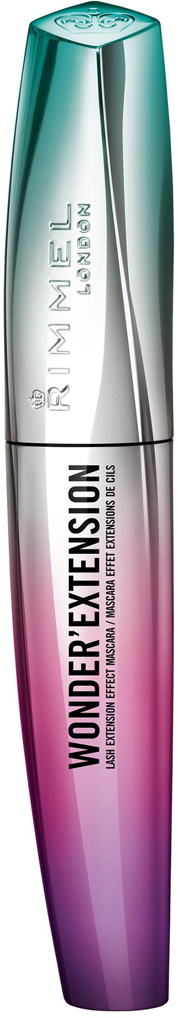 A mascara tube with a gradient purple to silver body, silver cap, and the words "Wonder Extension" on it.