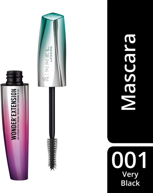A mascara tube with a brush and black label, with the word 'Mascara' and number '001 Very Black'.