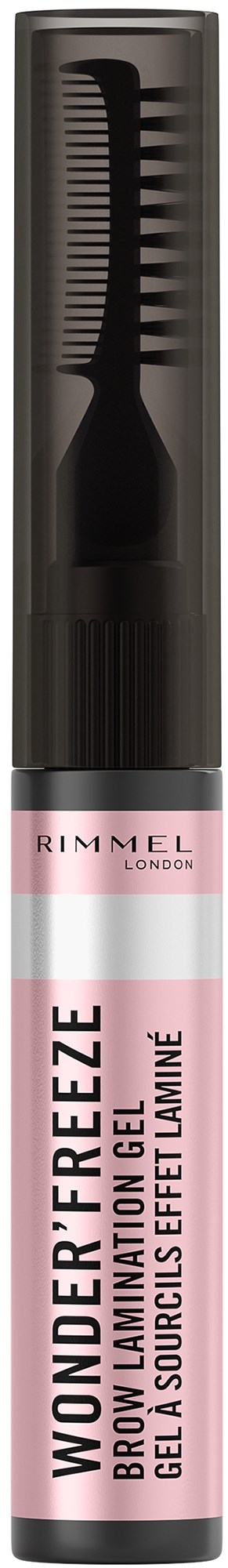 A cosmetic product in a tall, black and pink tube with a built-in comb applicator for brows.