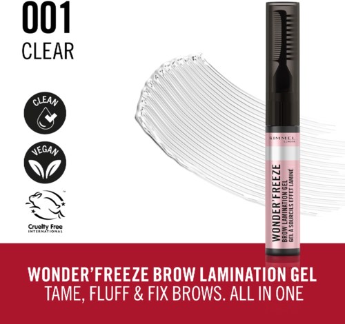 Rimmel Wonder'Freeze brow gel, clear, vegan, cruelty-free. Comes with a brush for fixing eyebrows.