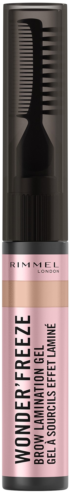 A cosmetic tube with a black cap, pink and white label, and text describing a brow gel product.