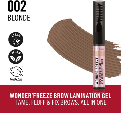 A brow gel in a black tube with a pink label, designed to tame and fix eyebrows, labeled 'Wonder'Freeze'.