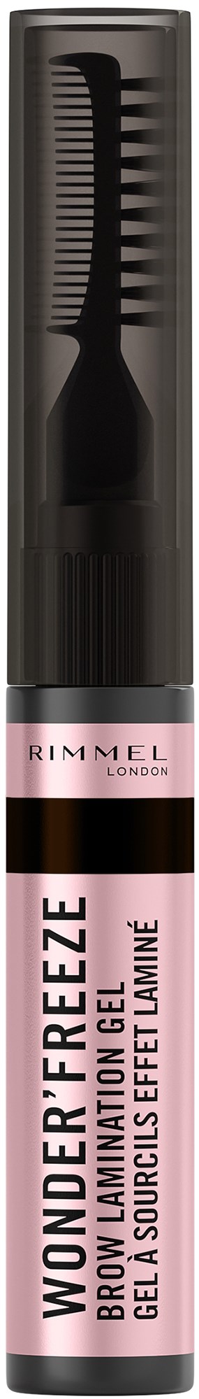 Bilden visar ett rosa och svart rör av Rimmel Wonder'F Ice, en ögonbrynsgelé med borste applicator.