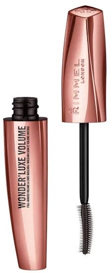 Roosa kultainen ripsiväritölkki harjalla, nimeltä Wonder Luxe Volume, ja metallikorkki.