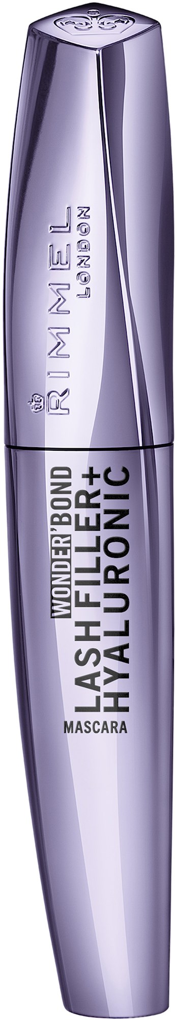 A purple mascara tube with black and white text, labeled as Lash Paradise with hyaluronic ingredients.