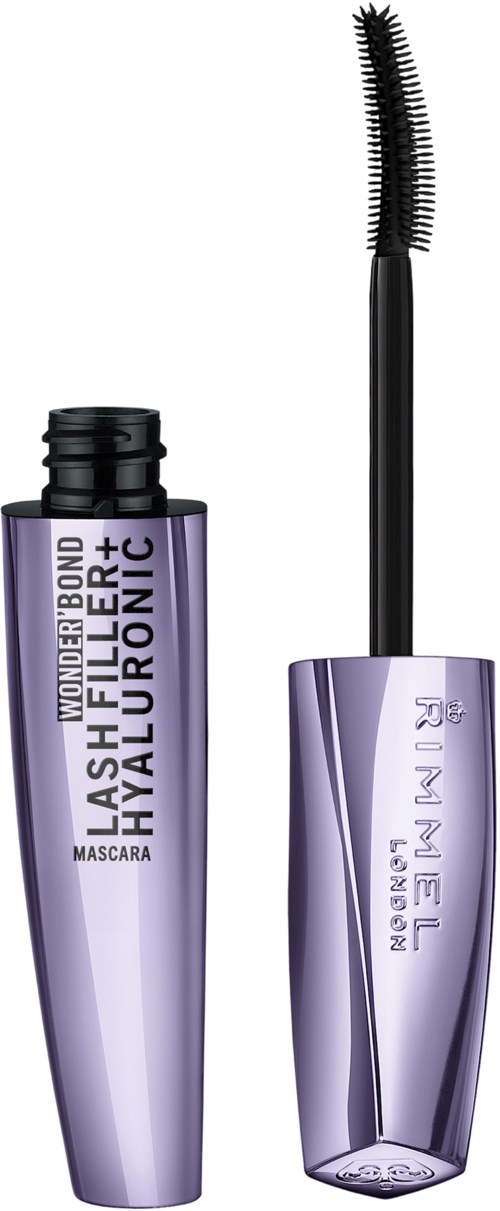 A mascara tube with the wand pulled out, showing the brush and purple container. Contains words like "Lash" and "Volumetric".