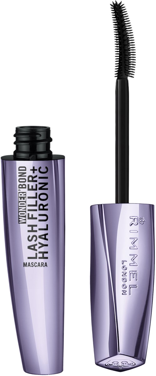 A purple mascara tube with a wand, labeled "Wonder Bond Lash Flier" and "HYALURONIC" on the bottle.