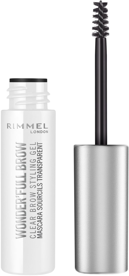 A white tube of eyebrow gel with black mascara brush beside it, labeled "Wonderfull Brow."